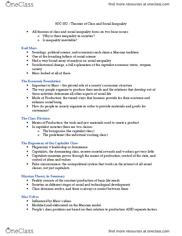 SOC 032 Chapter Notes - Chapter 2: Social Inequality, False Consciousness, Proletariat thumbnail