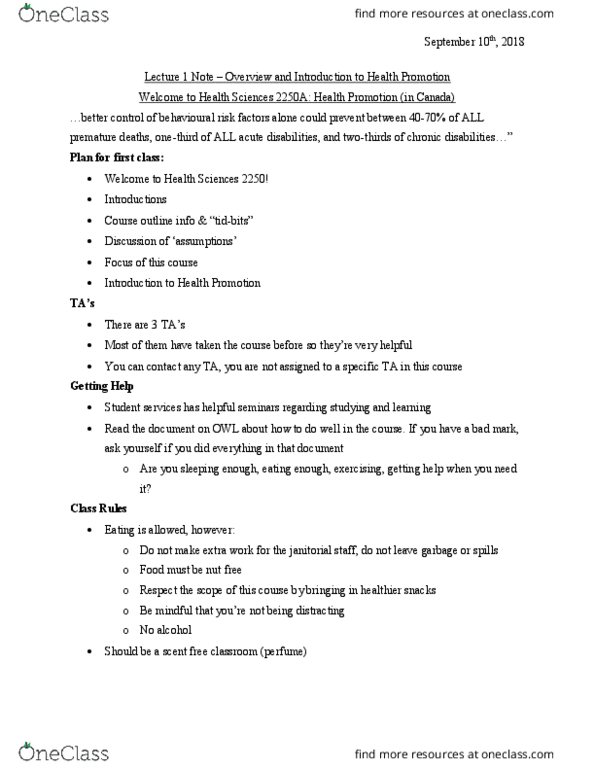 Health Sciences 2250A/B Lecture Notes - Lecture 1: Health Promotion, Lecture Recording, Tidbits thumbnail