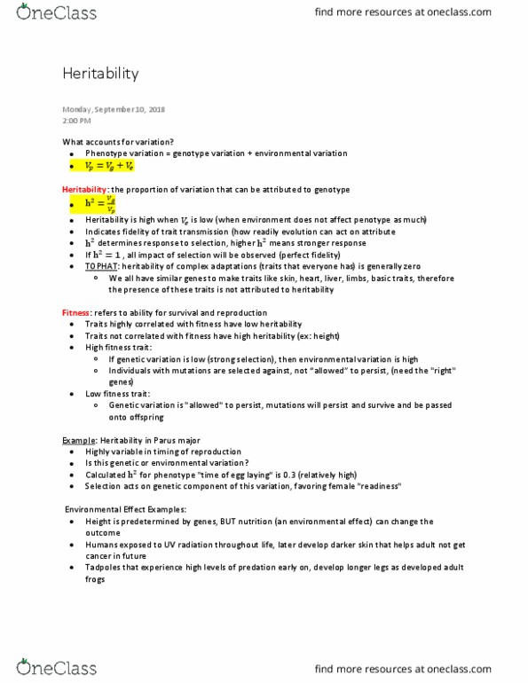 BIOLOGY 1114 Lecture Notes - Lecture 9: Great Tit, Genetic Variation, Heritability cover image