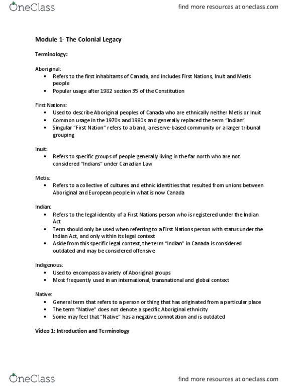 LAW 202 Lecture Notes - Lecture 1: Indian Act, Iroquois, Sixties Scoop thumbnail