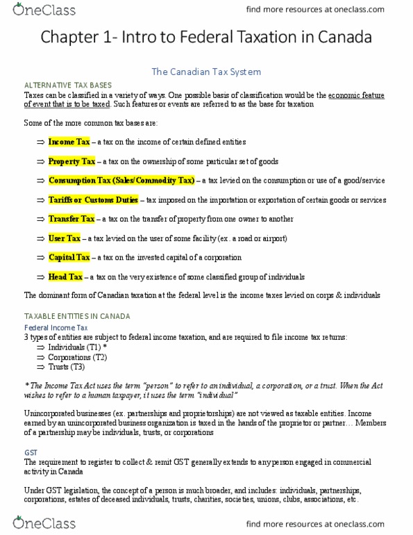 ACCT-4021EL Chapter Notes - Chapter 1: Taxation In Canada, Progressive Tax, Canada Revenue Agency thumbnail