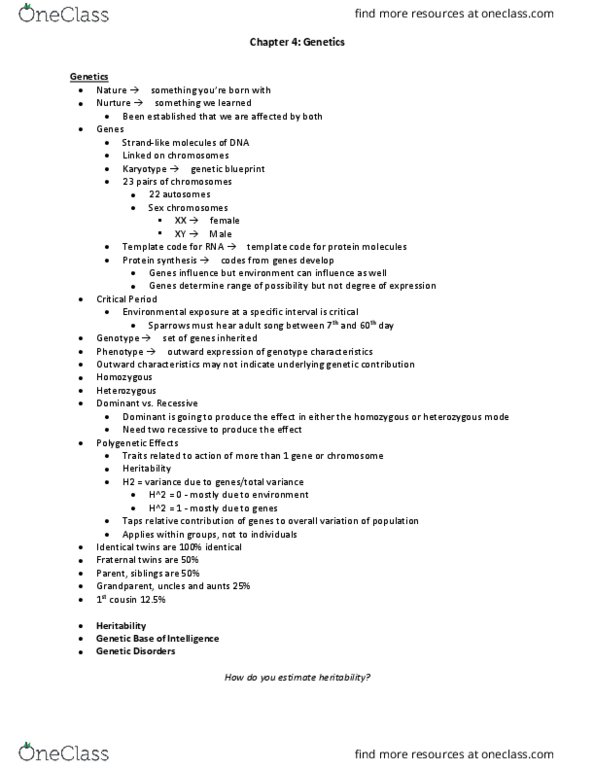 Psychology 1000 Chapter Notes - Chapter 4: Twin, Allosome, Heritability thumbnail