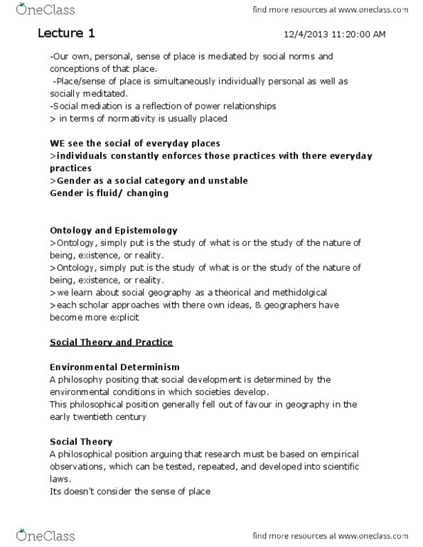 WSTA01H3 Lecture Notes - Feminist Geography, Social Geography, Place Identity thumbnail