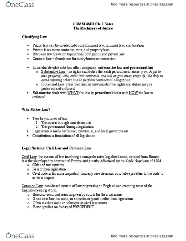 COMMERCE 4SD3 Lecture Notes - Lecture 1: Procedural Law, Private Law, Corporate Law thumbnail