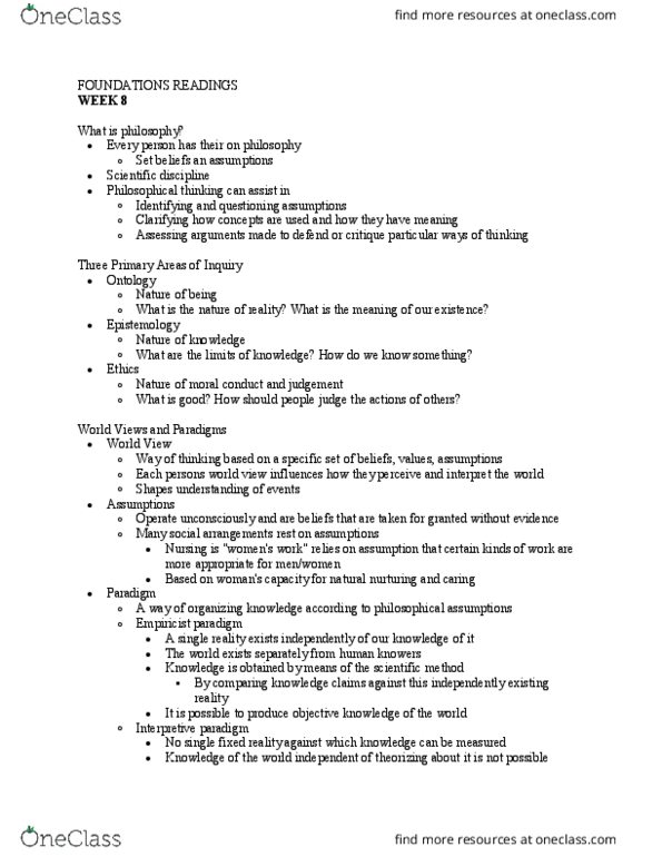 NURS 2730 Lecture Notes - Lecture 1: Nursing Theory, Scientific Method, Empiricism thumbnail