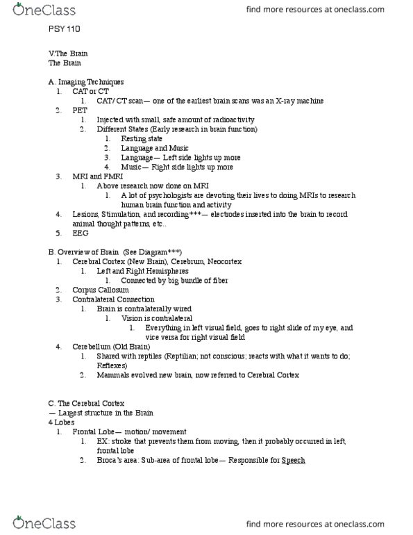 PSY 110 Lecture Notes - Lecture 5: Passport Records, Frontal Lobe, Parietal Lobe thumbnail