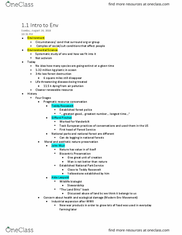 ES 100 Lecture Notes - Lecture 1: Wangari Maathai, Theodore Roosevelt, Rachel Carson thumbnail