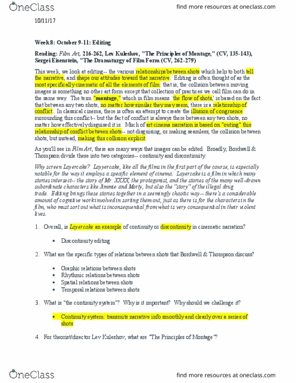 COMM 250 Lecture Notes - Lecture 8: Sergei Eisenstein, Sound Film, 180-Degree Rule thumbnail