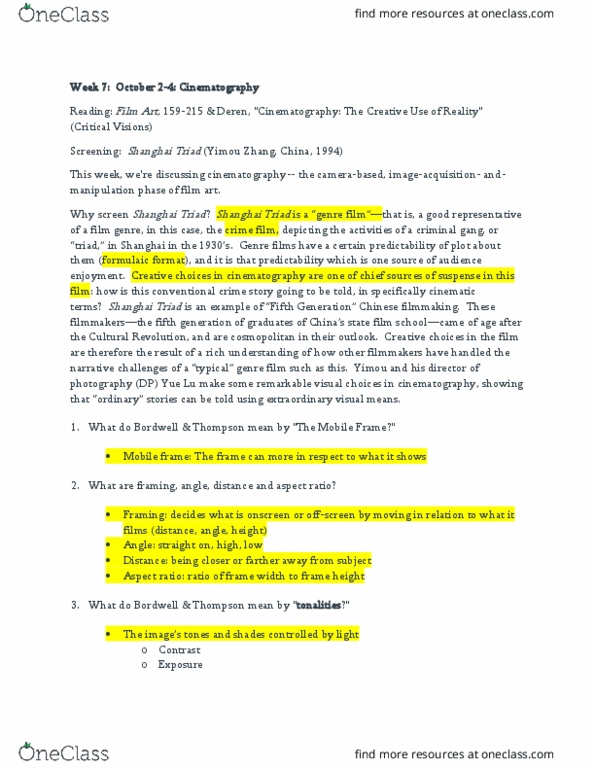 COMM 250 Lecture Notes - Lecture 7: Zhang Yimou, Shanghai Triad, Maya Deren thumbnail