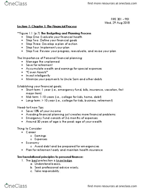 FIRE 301 Lecture Notes - Lecture 1: Financial Plan, Personal Finance, Step One thumbnail
