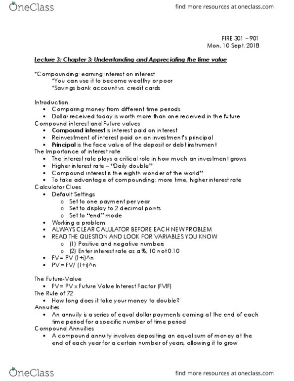 FIRE 301 Lecture Notes - Lecture 3: Compound Interest, Savings Bank, Critical Role thumbnail