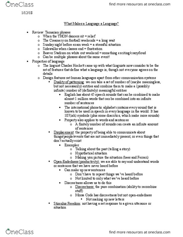 LING 001 Lecture Notes - Lecture 1: Beaver Stadium, Arbitrariness thumbnail