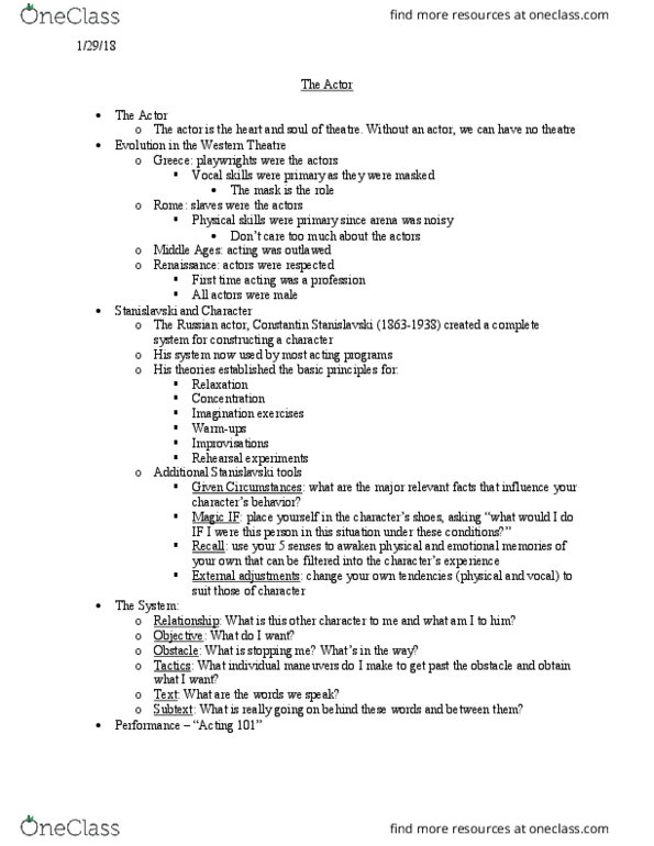 THEA 100 Lecture Notes - Lecture 8: Konstantin Stanislavski thumbnail
