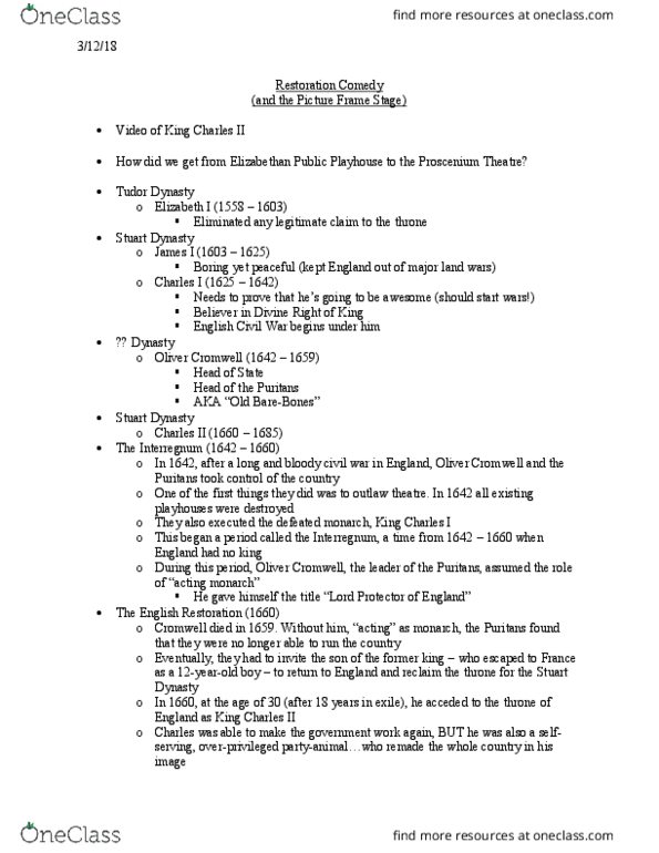 THEA 100 Lecture Notes - Lecture 22: House Of Stuart, House Of Tudor, Puritans thumbnail