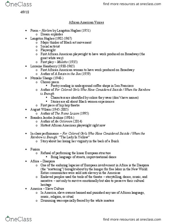 THEA 100 Lecture Notes - Lecture 33: Lorraine Hansberry, Langston Hughes, Ntozake Shange thumbnail