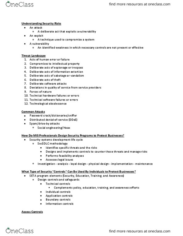 MIS 111 Lecture Notes - Lecture 5: Systems Development Life Cycle, Payment Card, Passphrase thumbnail