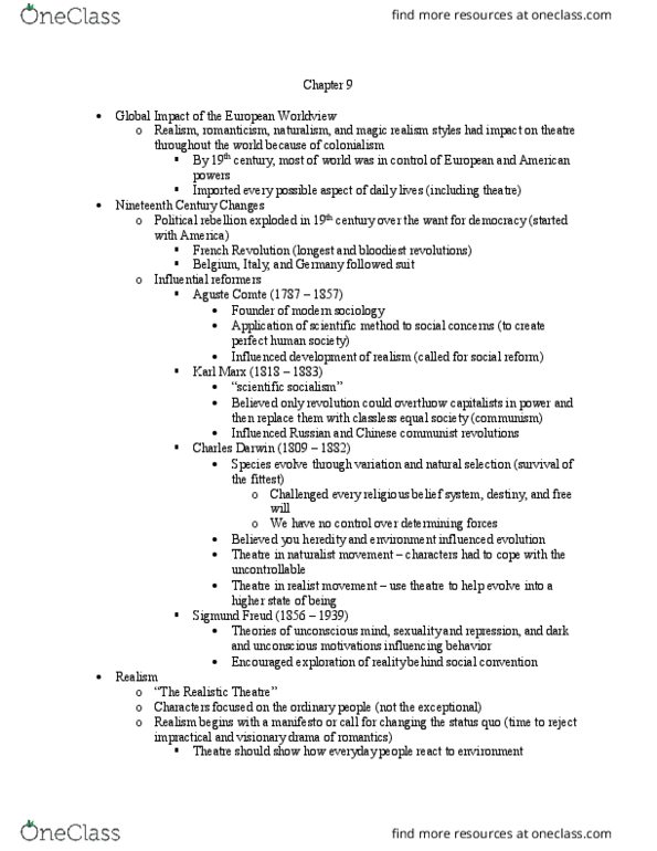 THEA 100 Chapter Notes - Chapter 9: Sigmund Freud, Social Realism, Scientific Socialism thumbnail