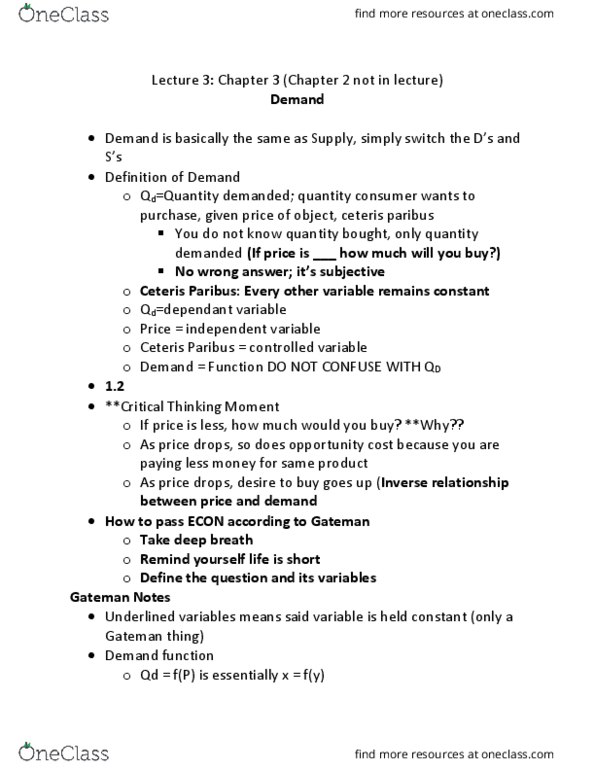 ECON 101 Lecture Notes - Lecture 3: Ceteris Paribus, Inverse Relation, Marginal Utility thumbnail