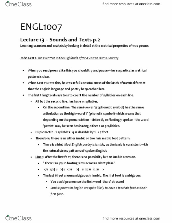 ENGL1007 Lecture Notes - Lecture 13: English Poetry, Trochee, Close Vowel thumbnail