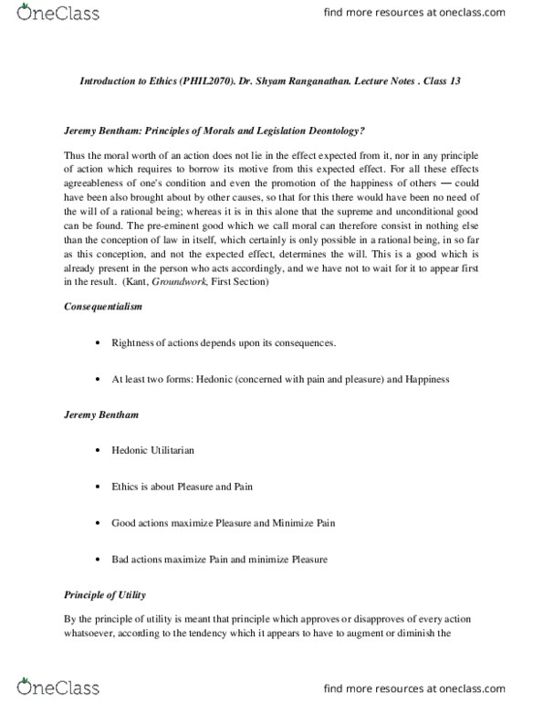 PHIL 2070 Lecture Notes - Lecture 13: Jeremy Bentham, Deontological Ethics, Agreeableness thumbnail