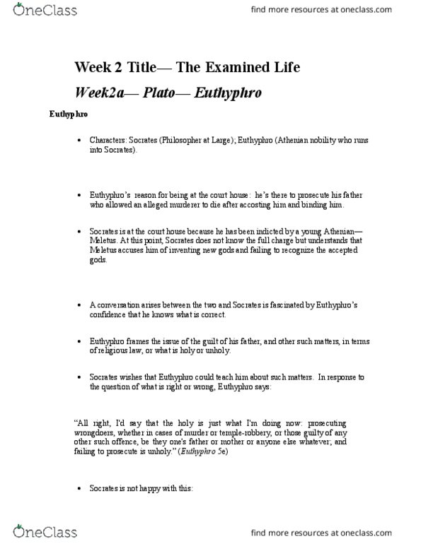PHIL 1100 Lecture Notes - Lecture 2: The Examined Life, Meletus, Formal Charge thumbnail
