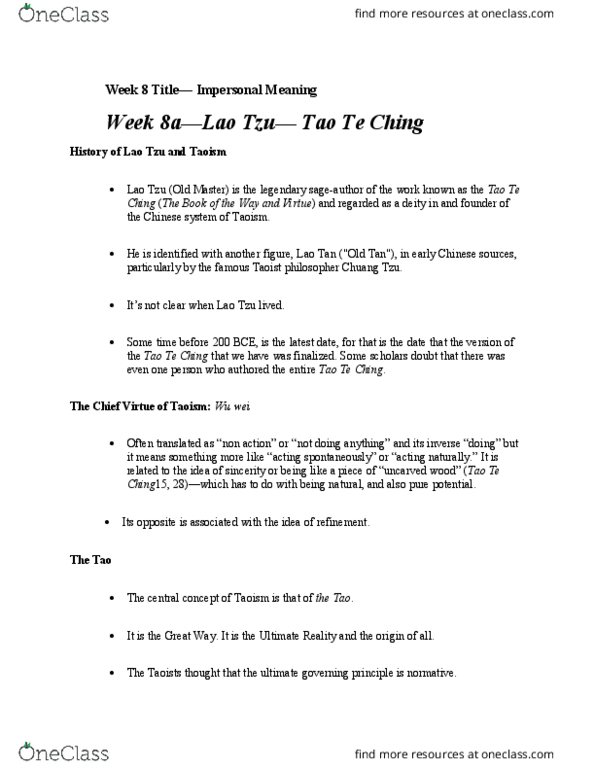 PHIL 1100 Lecture Notes - Lecture 8: Tao Te Ching, Laozi, Wu Wei thumbnail