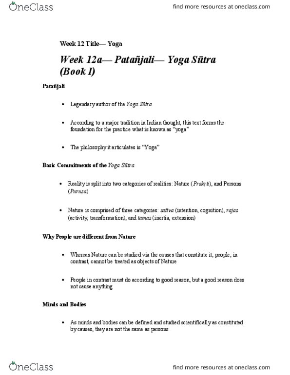 PHIL 1100 Lecture Notes - Lecture 12: Stra, Patanjali, Sattva thumbnail