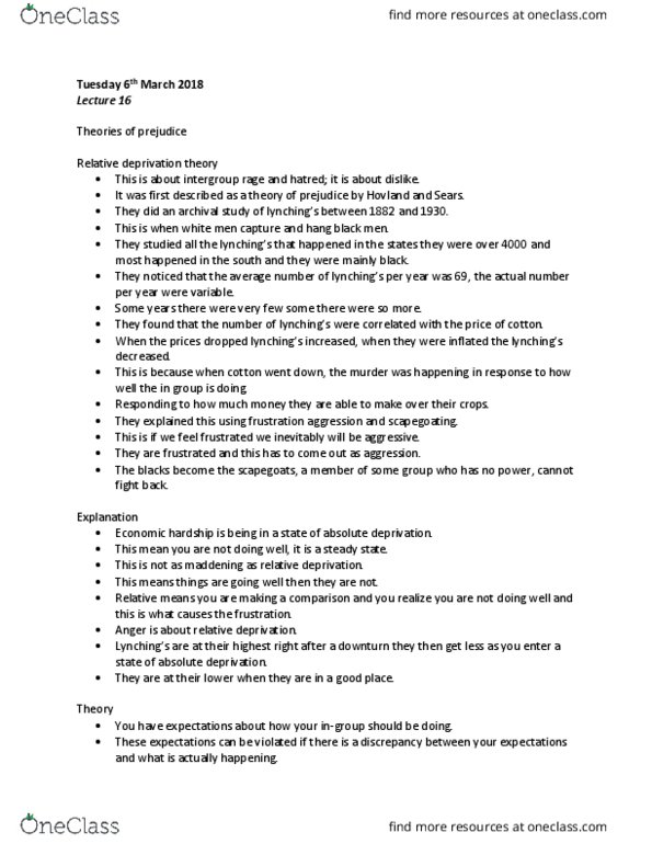 PSYCH 3CD3 Lecture Notes - Lecture 16: Poverty Threshold, Relative Deprivation, Scapegoating thumbnail