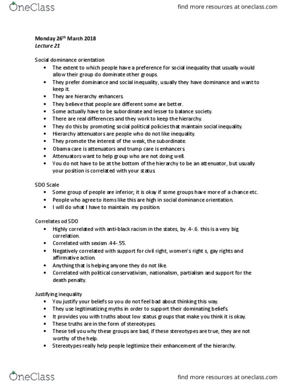 PSYCH 3CD3 Lecture Notes - Lecture 21: Social Dominance Orientation, Social Inequality, Partialism thumbnail