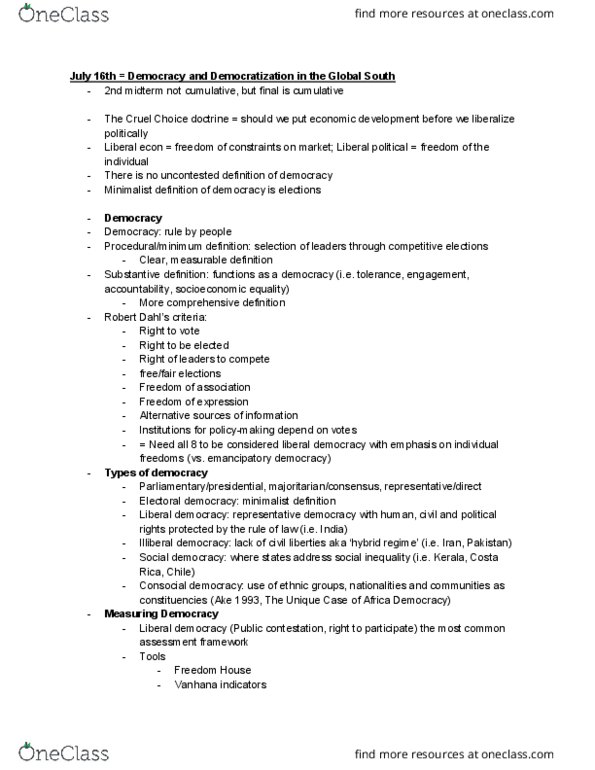 POLI 279 Lecture Notes - Lecture 3: Illiberal Democracy, Liberal Democracy, Social Democracy thumbnail