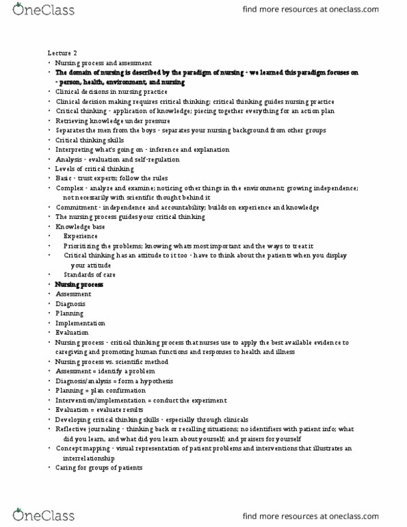 NURS200 Lecture Notes - Lecture 2: Nursing Process, Concept Map, Critical Thinking thumbnail