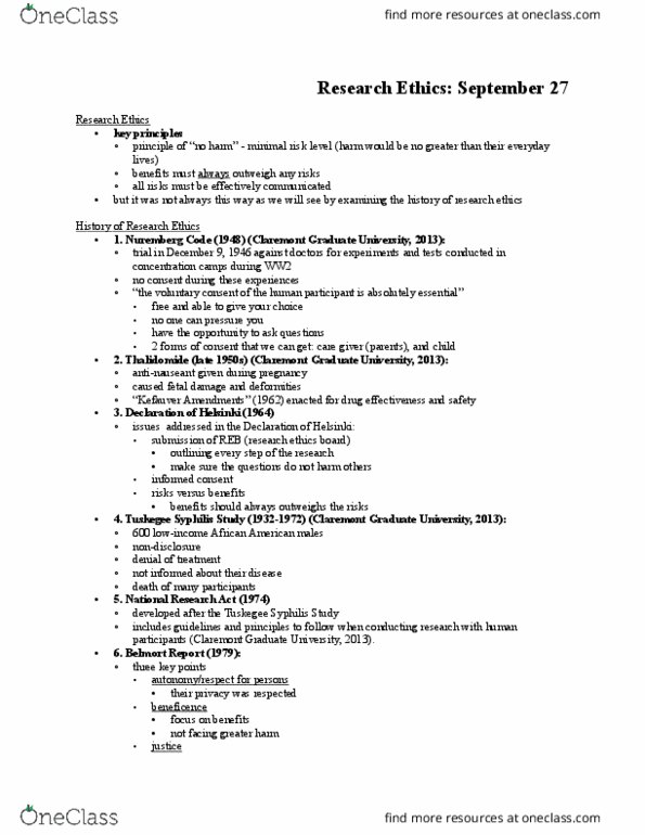 SOCIOL 2Z03 Lecture Notes - Lecture 3: Claremont Graduate University, Nuremberg Code, Thalidomide thumbnail