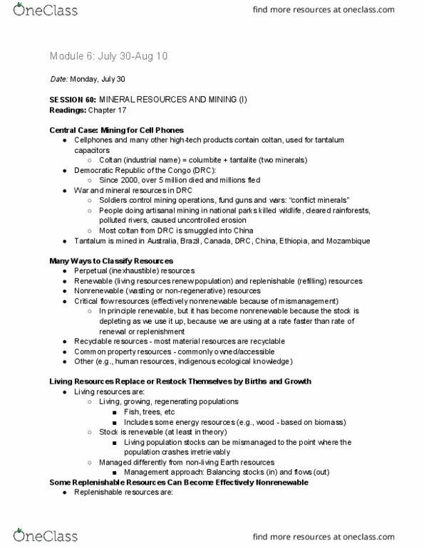 ENV100Y5 Lecture Notes - Lecture 51: Artisanal Mining, Coltan, Tantalum thumbnail