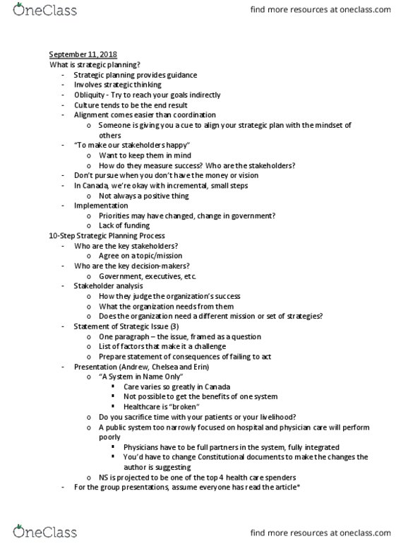 HESA 6330 Lecture Notes - Lecture 2: Strategic Planning, Stakeholder Analysis thumbnail