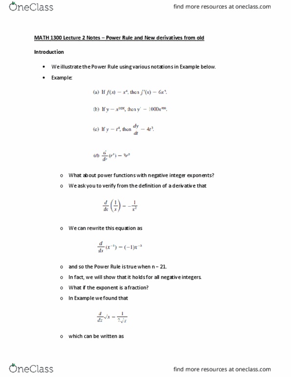 MATH 1300 Lecture Notes - Lecture 2: Power Rule, Differentiable Function cover image