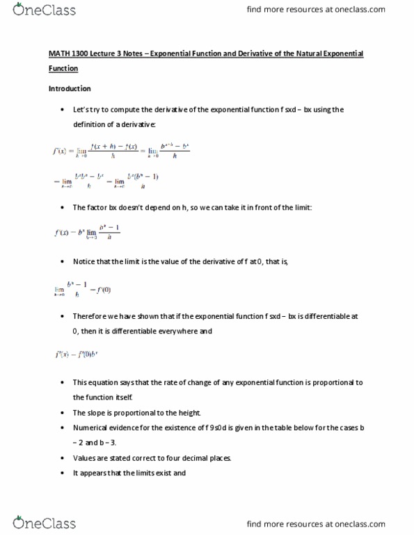 MATH 1300 Lecture 3: MATH 1300 Lecture 3 Notes – Exponential Function and Derivative of the Natural Exponential Function cover image