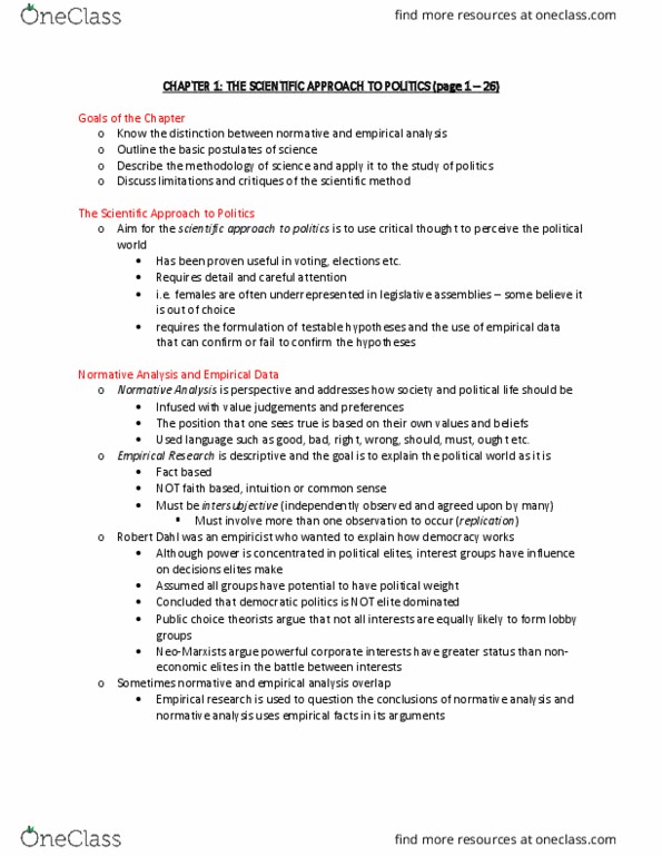 PO217 Chapter Notes - Chapter 1: Hypothesis, Auguste Comte, Robert A. Dahl thumbnail