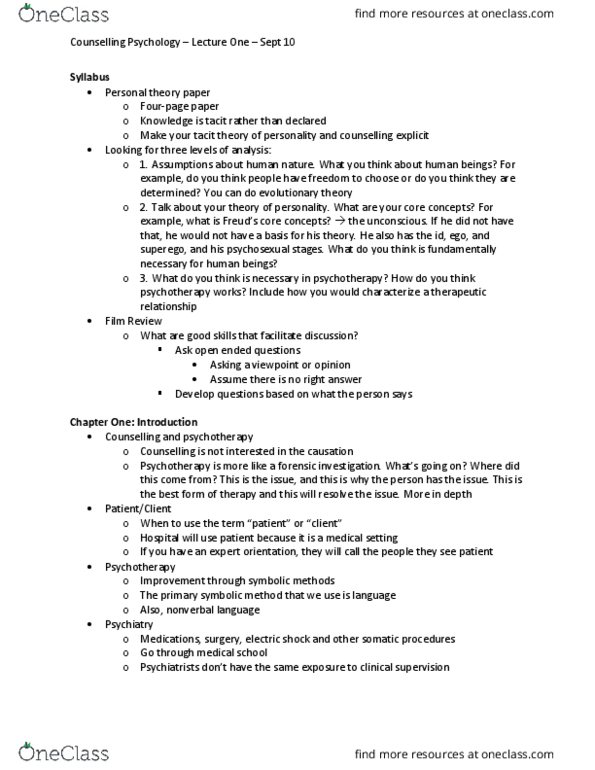 PSYC 4060 Lecture Notes - Lecture 1: Therapeutic Relationship, Epiphenomenon thumbnail