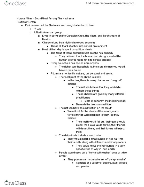 SOSA 1002 Chapter Notes - Chapter 1-2: Evolutionary Anthropology, Nacirema, Audrey Richards thumbnail