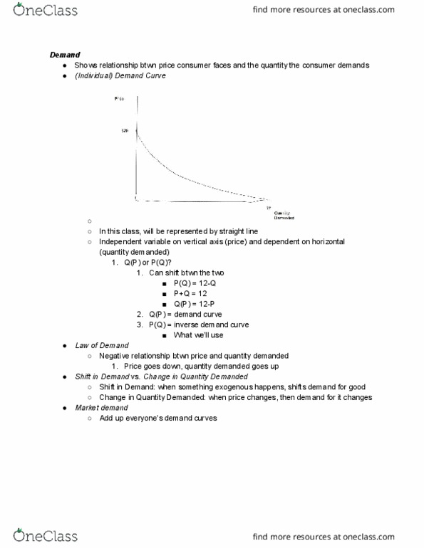 ECON 1011 Lecture Notes - Lecture 4: Demand Curve, Dependent And Independent Variables, Negative Relationship cover image