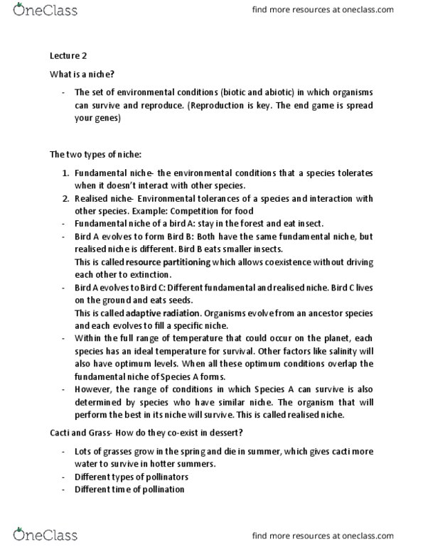 BIOL208 Lecture Notes - Lecture 2: Adaptive Radiation, Ecological Niche, Niche Differentiation thumbnail