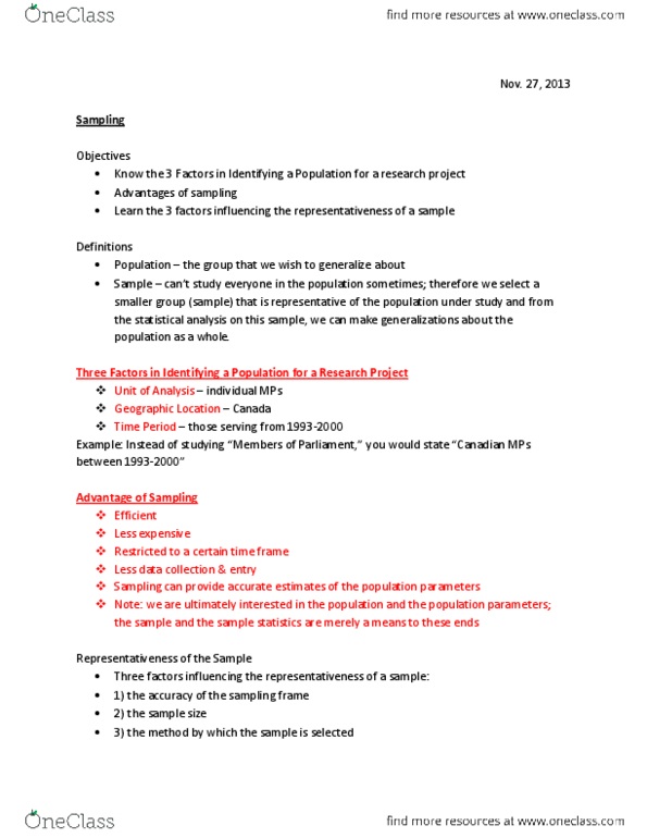 POL 2156 Lecture Notes - Lecture 11: Simple Random Sample, Stratified Sampling, Sampling Frame thumbnail