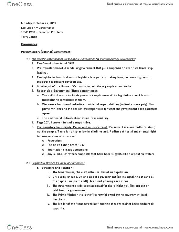 SOSC 1200 Lecture Notes - Individual Ministerial Responsibility, Parliamentary Sovereignty, Westminster System thumbnail
