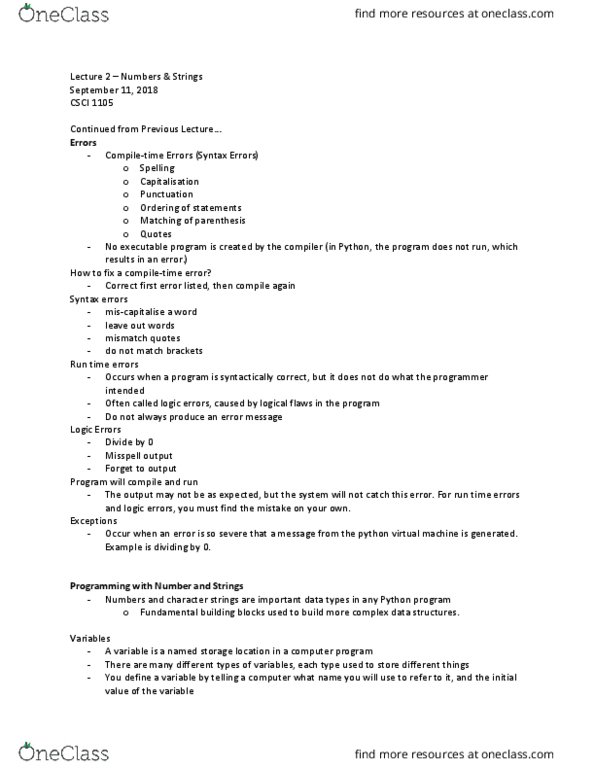CSCI 1105 Lecture 3: Lecture 2 - Numbers & Strings thumbnail