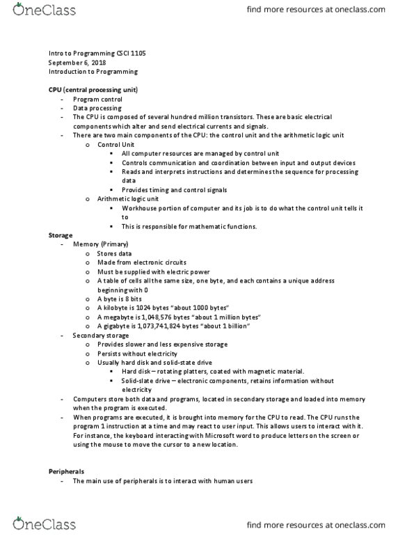 CSCI 1105 Lecture Notes - Lecture 2: Touchpad, Auxiliary Memory, Kilobyte cover image