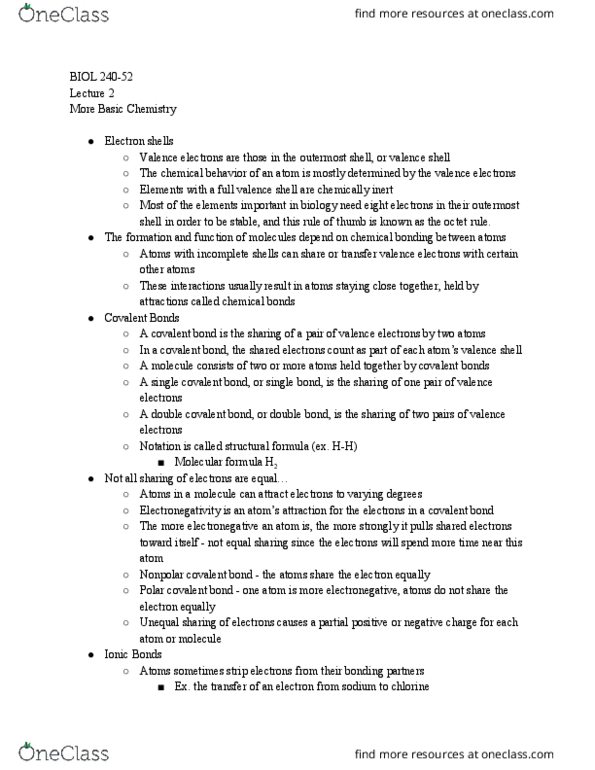 BIOL 240 Lecture Notes - Lecture 2: Octet Rule, Electronegativity, Covalent Bond thumbnail