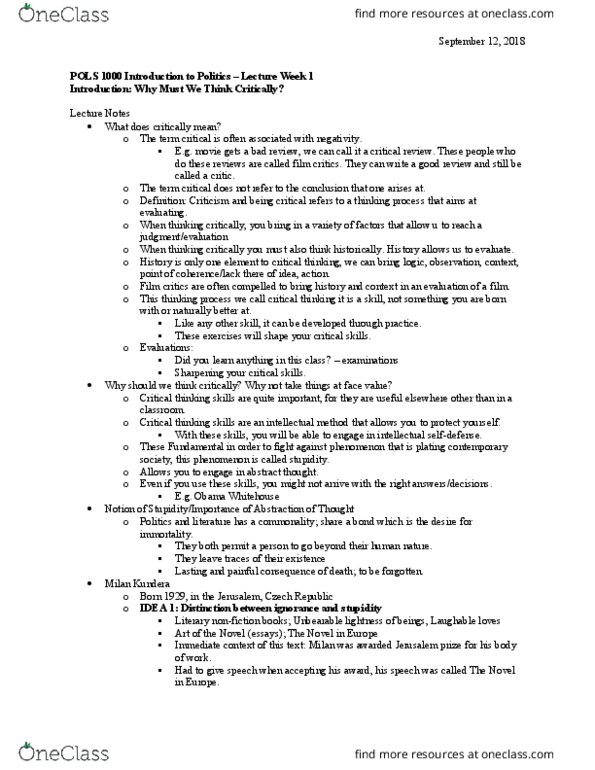 POLS 1000 Lecture Notes - Lecture 1: Middle Ages, French Revolution, Faubourg thumbnail