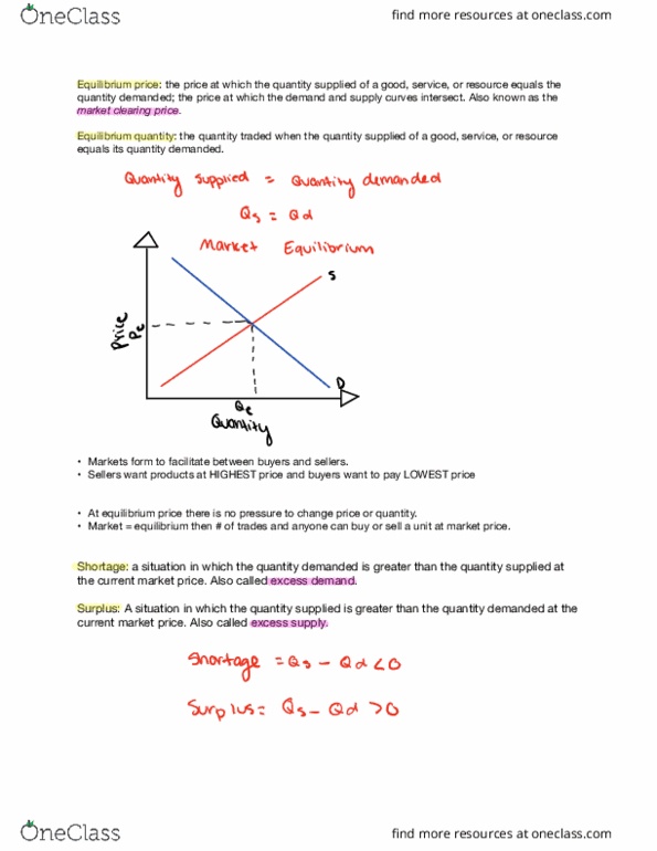 ECON 2001.01 Chapter Notes - Chapter Market Equilibrium: Demand Curve, Market Clearing, Negative Relationship thumbnail
