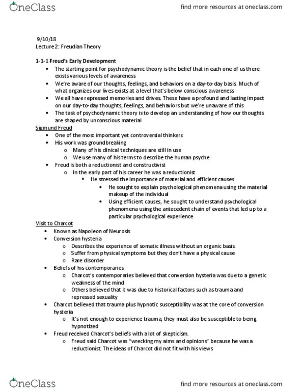 PSY 181 Lecture Notes - Lecture 2: Dream Interpretation, Anna O., Oedipus Complex thumbnail