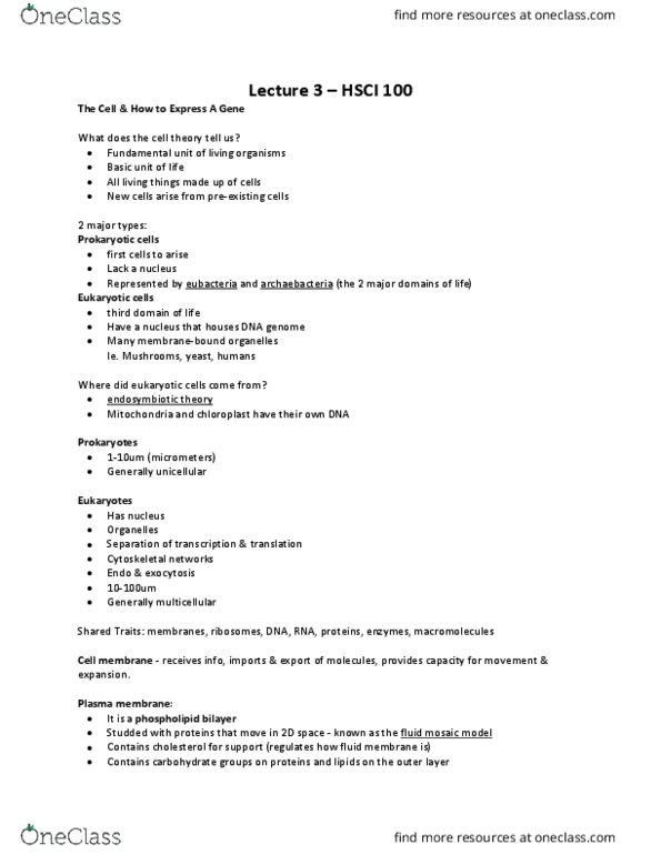 HSCI 100 Lecture Notes - Lecture 3: Noncoding Dna, Transfer Rna, Hydrophile thumbnail